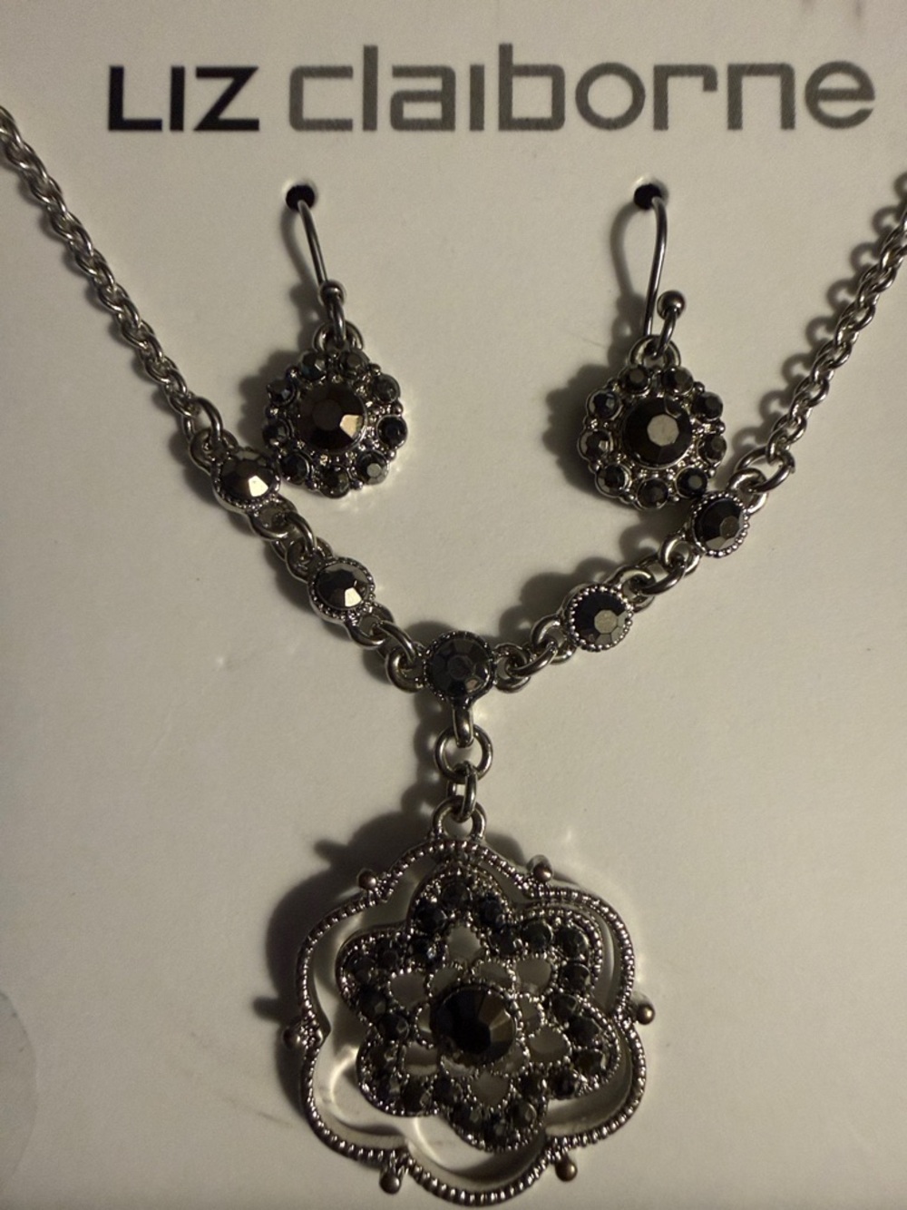 Liz Claiborne Silver Floral Medallion Necklace and Earrings